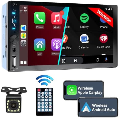Double Din Car Stereo with Wireless Carplay,Wireless Android Auto,7 inch Touch Screen Radio with Backup Camera,Bluetooth Car Audio Receiver,Mirror Link,SWC,FM/USB/AUX/Subwoofer