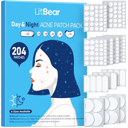 LitBear Acne Pimple Patches- Day and Night 6 Sizes 204 Dots Thin & Thick Hydrocolloid Patches with Witch Hazel, Tea Tree & Calendula Oil, Extra Adhesion for Face Zit Patch Dots