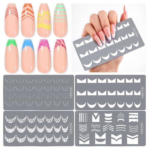 SAVILAND Nail Stamping Plates Set: 4PCS Nail Stamper Templates French Line Nail Stencils French Tip Nail Art Tools Wave Stripes Nail Designs Plates Kit Stainless Steel Reusable DIY Manicure