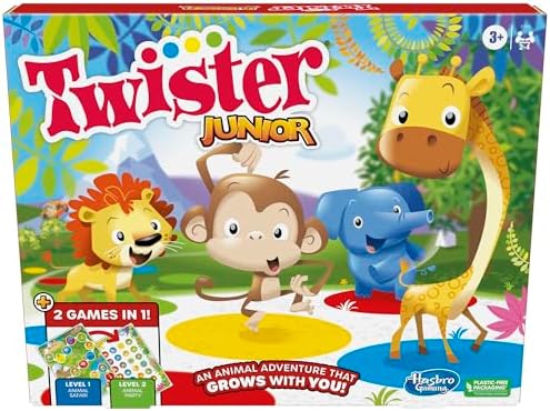 Hasbro Gaming Twister Junior Game, Animal Adventure 2-Sided Mat, 2 in 1 Party Games for Kids Ages 3 and Up, Indoor Game for 2-4 Players (Amazon Exclusive)