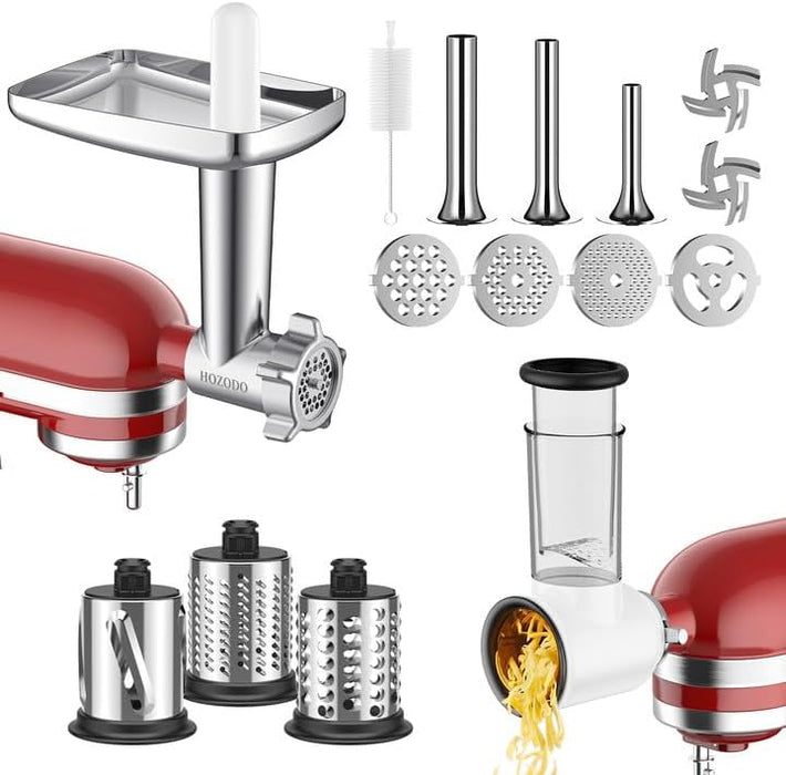 Meat Grinder & Slicer Shredder Attachments for KitchenAid Stand Mixer, Metal Meat Grinder with Sausage Stuffer Tubes, Cheese Grater, 2 Pcs Attachment Set for KitchenAid Mixers