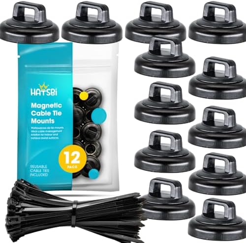 HATSBI. Multipurpose Magnetic Cable Zip Tie Mounts Neodymium Magnets Black (12 Pack). 12 Black Cable Zip Ties Included. Cable Holder for Cable Management. Holds Standard Zip Ties/Cable Ties.