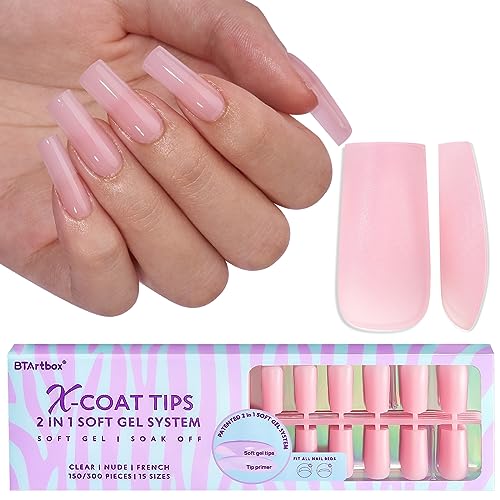 BTArtbox XCOATTIPS Soft Gel Nail Tips - Long Square Press On Nails Pink Colored Natural with Tip Primer Cover, One-Step Full Cover Fake Nails Gel Nails for Nail Extensions Art