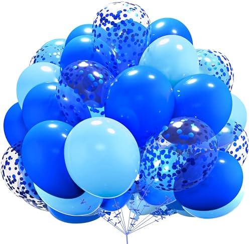 AULE Royal Blue and Baby Blue Balloons and Confetti Balloons 12 inches 60 Pack Premium Latex Blue Balloon with Blue Ribbon