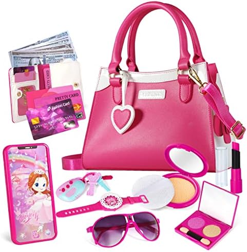 Shemira Play Purse for Little Girls, Princess Pretend Toys for Girls 3 4 5 6 7 8 Years Old, Christmas & Birthday Gift for Girls Age 3-5 4-6 6-8, Toddler Purse with Accessories, Kids Toy Purse,Pink