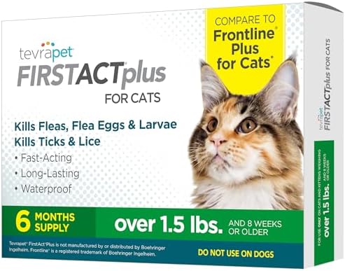 TevraPet FirstAct Plus Flea and Tick Prevention for Cats Over 1.5lbs, 6 Monthly Doses, Topical Drops