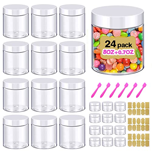AMORIX 8oz Slime Containers with Lids 8 oz Plastic Containers Jars with White Lids + 20g Sample Containers (Set of 24) Airtight Container for Lip Scrub, Body Butters, Cream, Slime, Craft Storage