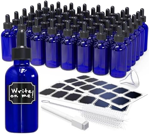 Nevlers 48 Pack Blue Glass Dropper Bottles 2 oz | Cobalt Tincture Bottles with Droppers for Oils | Includes Blue Glass Bottle with Dropper, Funnel, Brush, & Marker | Leakproof Mini Dropper Bottles