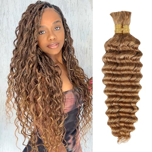 Honey Human Braiding Hair Deep Wave Bulk Human Hair for Braiding,27# Color No Weft Curly Braiding Hair Extensions for Boho Braids Wet and Wavy Braiding Human Hair Bundles(14inch,#27,100g)
