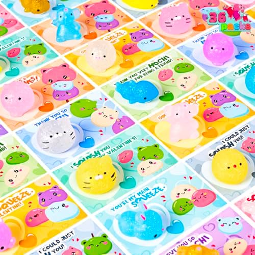 JOYIN 36 Packs Valentine’s Day Gift Cards with Glitter Mochi Squishy Toys, Stress Relief Fidget Toys, Critter Mochi Squeeze Toys for Kids Valentine's Party Favors, Classroom Exchange and School Prize