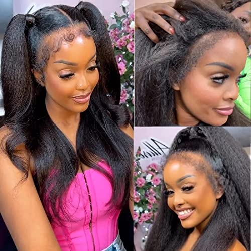 Nadula 12A Kinky Edge Hairline 13x4 Lace Front Wigs Kinky Straight Human Hair with 4C Curly Baby Hair Pre Plucked Glueless HD Transparent Yaki Straight Lace Frontal Wig with Realistic Hairline 180% Density 18inch