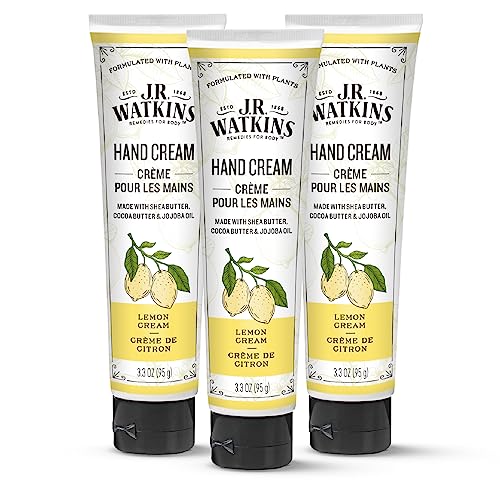J.R. Watkins Natural Moisturizing Hand Cream, Hydrating Hand Moisturizer with Shea Butter, Cocoa Butter, and Avocado Oil, Cruelty Free, 3.3oz, Lemon Cream, 3 Pack