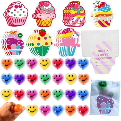 28 Pack Valentines Day Gifts Cards with Heart Stress Balls for Valentine Party Favors Valentine School Classroom Prizes Exchange Gift