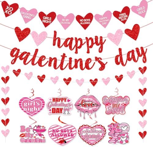 Deneo Happy Galentine's Day Banner, Red Glittery Galentine’s Day Decorations with Heart Garland Hanging Swirls, Ladies Girls Happy Valentine’s Day Party Decorations Photo Prop