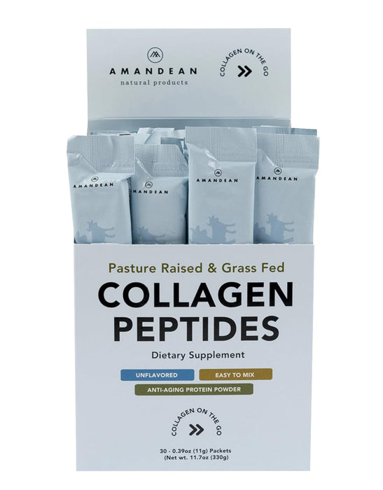 AMANDEAN Collagen Peptides Powder Packets | 30 Individual Stick Packs | Grass-Fed Hydrolyzed Collagen Protein | Unflavored, Easy to Mix | Travel Friendly | Promotes Healthy Gut, Skin, Hair, Nails.