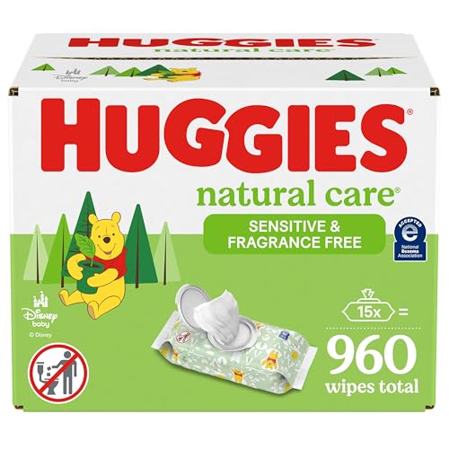 Huggies Natural Care Sensitive Baby Wipes, Unscented, Hypoallergenic, 99% Purified Water, 15 Flip-Top Packs (960 Wipes Total)