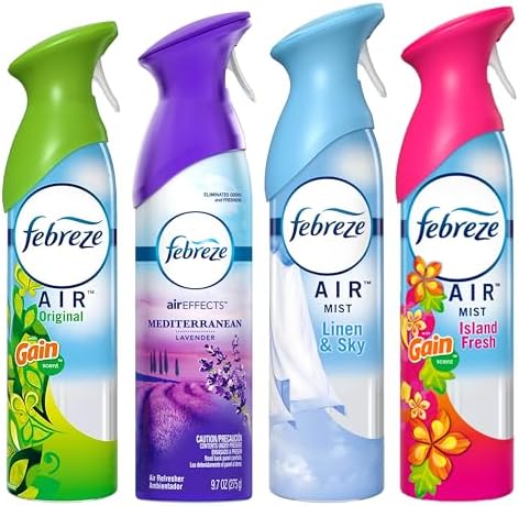 Febreze Air Freshener Odor Eliminator Spray, Assorted Scent Febreze & Bathroom Deodorizer, Original, Island Fresh, Linen Sky & Lavender, 4 Pack