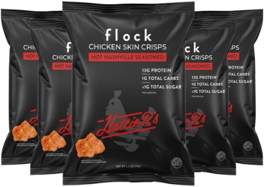 Flock Keto Chicken Skin Chips | Hattie B's Nashville Hot Flavor | Low Carb, High Protein, Sugar Free, Gluten Free Fried Chicken Skins for People | (1oz) 8-Pack Crispy Flock Chips