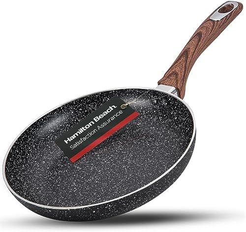 Hamilton Beach Fry Pan 10-Inch, Nonstick with Marble Coating, Wood like Soft Touch Handle, Non-Stick Granite Fry Pan Egg Pan Omelet Pans, Stone Cookware Chef's Pan, PFOA Free Induction Bottom