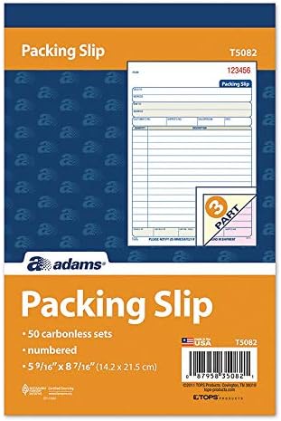 Adams Packing Slip Book, 3-Part, Carbonless, 5-9/16 x 7-5/16 Inches, 50 Sets per Pad (T5082),White/Canary/Pink