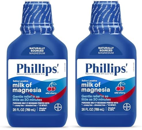 Phillips'’ Milk of Magnesia Liquid Laxative, Wild Cherry Flavor, Stimulant Free, Cramp Free Relief of Occasional Constipation*, 1 Milk of Magnesia Brand, 26 oz (Pack of 2)