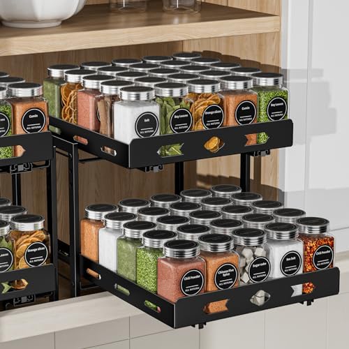 Pull Out Spice Rack Organizer for Cabinet, 2-Tier Cabinet Spice Rack Organizer, Height Adjustable Vertical Spice Rack for Kitchen Cabinet (11.9''Wx10.8''Dx9.2''H, Metal Black)