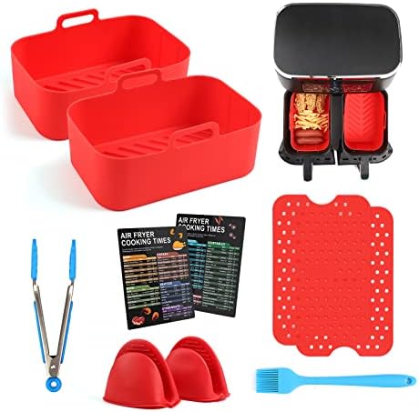 Air Fryer Silicone Pot for Ninja Dual DZ201 DZ401 DZ550 DualZone XL, Reusable Air Fryer Pot with Handles, 2pcs Air Fryer Silicone Liner, Magentic Cooking Time Chart for Air Fryer 2 Baskets red