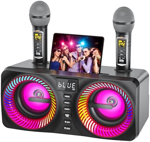Karaoke Machine for Adults Kids with 2 Wireless Microphones, Portable Bluetooth Speaker with 9 Modes Dynamic LED Lights, Karaoke Speaker with PA System Bass/Echo/USB/TF/AUX for Home Birthday Party