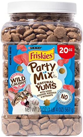 Purina Friskies Natural Cat Treats, Party Mix Natural Yums With Wild Caught Tuna and added vitamins, minerals and nutrients - 20 oz. Canister