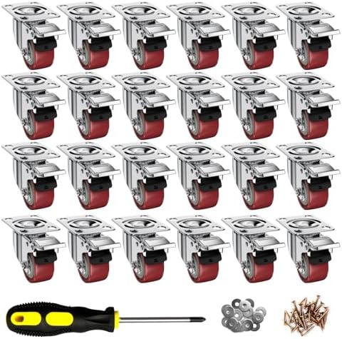 2 Inch Caster Wheels, Casters Set of 24, ASHGOOB Red Polyurethane (PU) Casters with Brake Heavy Duty, Industrial Locking Swivel Top Plate Castor Wheels for Workbench/Furniture/Cart
