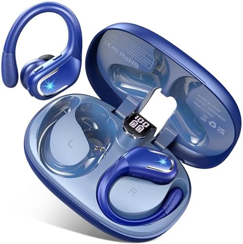 Wireless Earbud Bluetooth 5.4 Headphones 75Hrs Playtime, 2025 Bluetooth Earbuds Deep Bass Noise Cancelling Mic, Over Ear Bud with Sport Earhooks, IPX7 Waterproof LED Display, Button Control, Blue