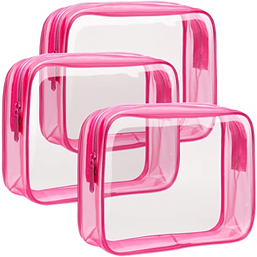 F-color 3 Pack Toiletry Bags for Travel - TSA Approved Clear Quart Size Cosmetic Bag, Matte Rose Red