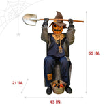 Haunted Hill Farm Motion-Activated Smiling Jack The Shovel-Wielding Sitting Scarecrow by Tekky, Talking Jump-Scare Halloween Animatronic, Plug-in or Battery Operated Halloween Decorations