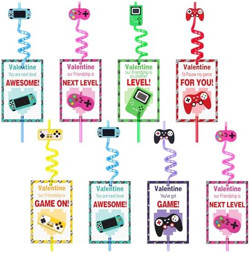 24 Pack Straws Valentines Day Cards Gifts for Kids Classroom School Valentine Bulk Party Favors Boys Girls Gift Exchange Toddler Valentines Treats Goodie Bag Stuffers