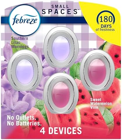 Febreze Small Spaces Air Freshener, Odor-Fighting, Plug In Alternative, for Home and Bathroom and Kitchen, Closet Air Fresheners, Sweet Watermelon Vine & Southern Lilac Mornings Scent, 4 Count