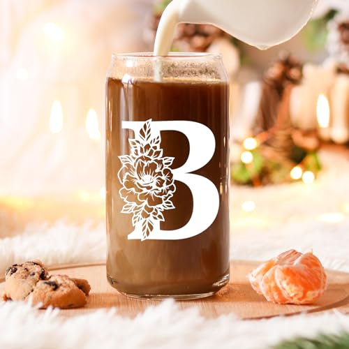 Coolife Initial Glass Cup, Monogrammed Gifts for Women, 16 oz Glass Cups w/Lids Straws, Iced Coffee, Smoothie, Beer Glass Tumbler w/Straw Lid - Personalized Christmas, Birthday Gifts for Her Mom