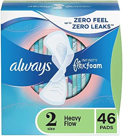 Always Infinity Feminine Pads for Women, Size 2 Regular, with wings, unscented, 46ct