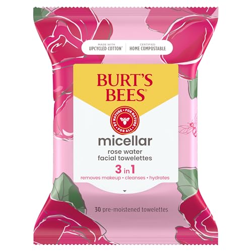 Burt's Bees Rose Water Face Wipes, for All Skin Types, Hydrating Micellar Makeup Remover & Facial Cleansing Towelettes, 30 Ct (3-Pack)