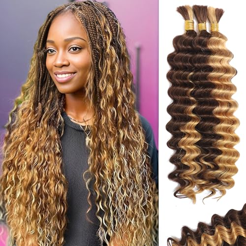 Human Braiding Hair for Boho Braids Human Hair Braiding Hair 110g 20 Inch Curly Boho Hair for Braiding Knotless 12A Deep Wave Bulk Human Hair for Braiding Bohemian 3 Bundles/Pack Ombre Balayage