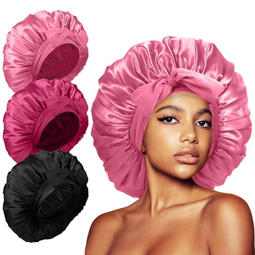 3Pcs Bonnet for Sleeping, Extra Silk Satin Hair Bonnets with Tie Band for Curly Hair Braids shower cap
