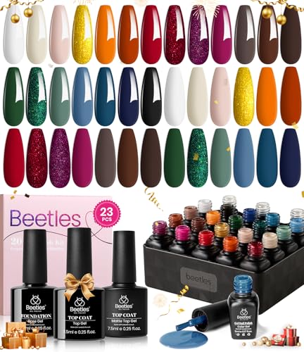 Beetles Gel Nail Polish Set, 23 PCS 20 Colors Gel Nail Polish Kit Green Red Blue Glitter Gold Brown with Base Coat Glossy Matte Top Coat Gel Polish Soak Off Uv Valentines Gifts for Women