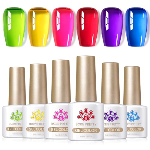 Born Pretty Jelly Gel Nail Polish Spring Summer Ice Jelly Neon Gel Polish Crystal Transparent Gel Polish Green Yellow Hot Pink Red Blue Purple Nail Art Varnish Manicure 6PCS Neon Garden