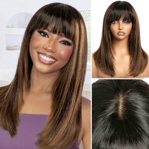 Bang Wigs Human Hair Glueless Straight Layered Bob Hairstyle 4x2 Transparent Lace Ombre Brown Highlights for Women 18 Inch