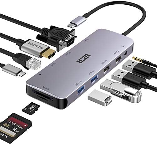 USB C Hub, ICZI 11 in 1 USB Hub 4K HDMI Adapter, USB C Laptop Docking Station with Audio/AUX, 100W PD, VGA, Ethernet, 4 USB Ports, SD/TF, USB C Dock for MacBook Pro Air Mac iPad Dell Hp Lenovo, etc