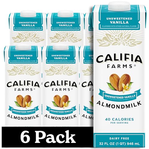 Califia Farms - Unsweetened Vanilla Almond Milk, 32 Oz (Pack of 6), Dairy Free, Vegan, Plant Based, Keto, Shelf Stable, Vegan, Gluten Free, Non GMO, Sugar Free, High Calcium, Smoothie
