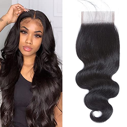 Body Wave Closure 4x4 Free Part Closure Brazilian Human Hair Closure Body Wave Lace Top Closure Human Hair Virgin Human Hair Weave Swiss Lace closures With Baby Hair Natural Black Color(10inch)