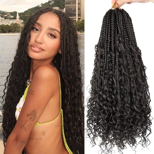 Boho Goddess Box Braids Crochet Hair 18 inch, 8 Packs Crochet Box Braids for Black Women Pre-looped Bohomian Box Braids Crochet Braids Synthetic Braiding Hair Extension #4