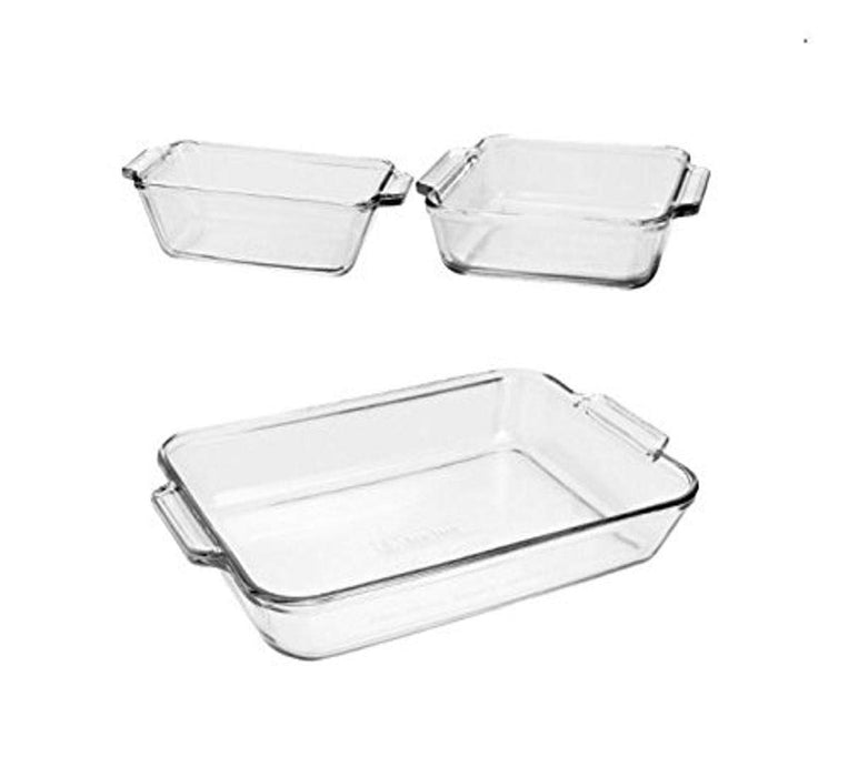 Anchor Hocking Glass Baking Dishes for Oven, 3 Piece Set (3 Qt Glass Casserole Dish, Cake Pan, and Bread Pan)