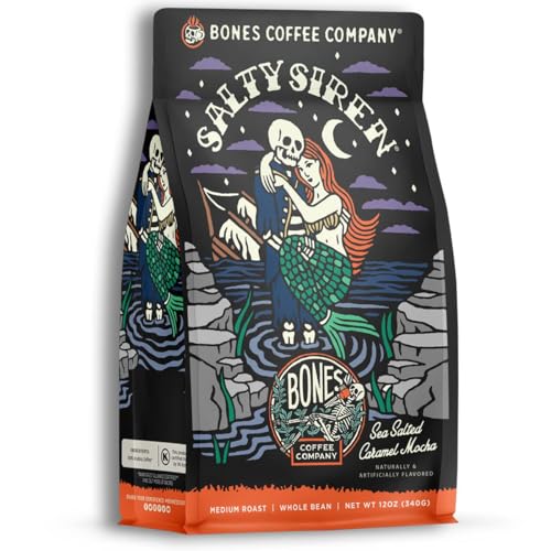Bones Coffee Company Decaf Salty Siren Flavored Coffee Beans, Whole Bean Coffee Medium Roast Low Acid Decaffeinated, Caramel Chocolate Flavor (12 oz)
