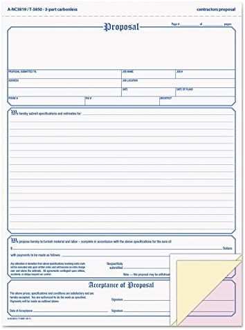 Adams Contractor's Proposal Forms, 8.5 x 11.44 Inch, 3-Part, Carbonless, 50-Pack, White, Canary and Pink (NC3819)